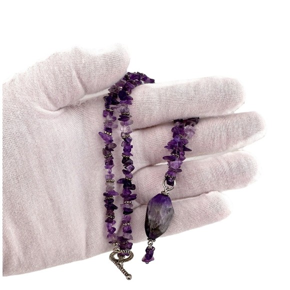 Natural Chip Bead Amethyst Silvertone Necklace with Chunky Stone Drop 15.5" VTG - Picture 8 of 8